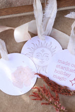 Load image into Gallery viewer, Decorative gift tags with sun design and text on a textured surface