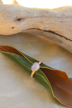 Load image into Gallery viewer, Gold ring with a moonstone gemstone on a leaf