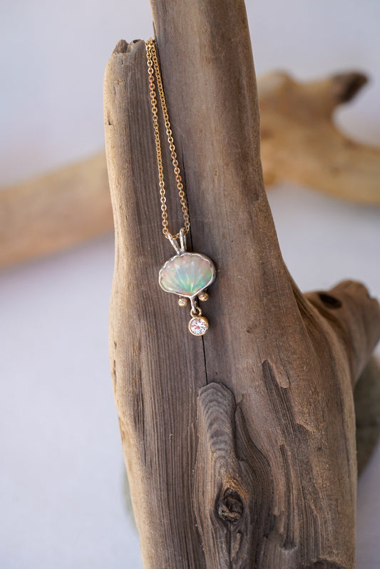Ethiopian Opal + Sapphire Shell Necklace