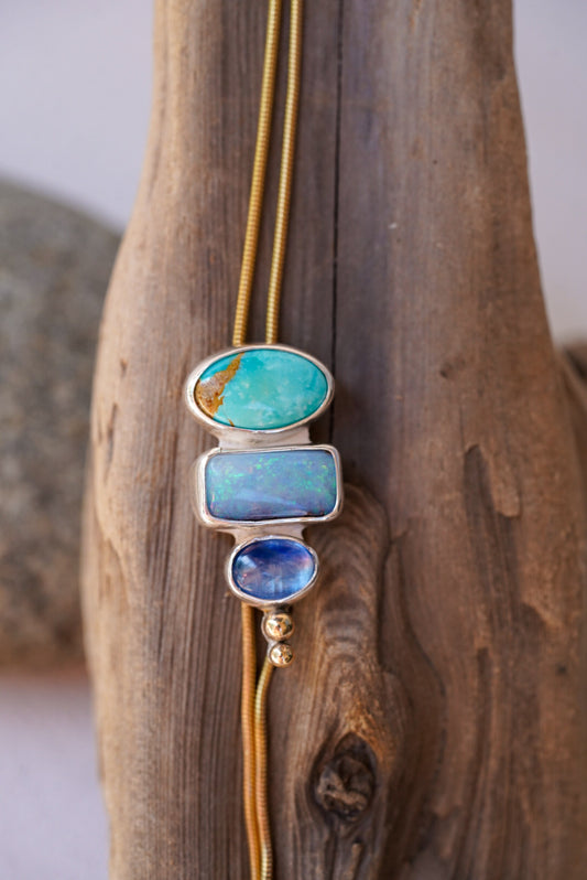 Turquoise + Australian Opal + Kyanite Bolo Necklace