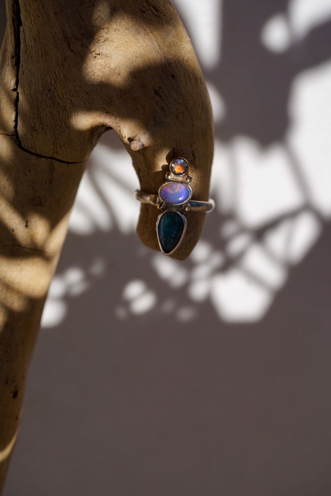 Moonstone + Australian Opal + Kyanite Ring - Size 6.5