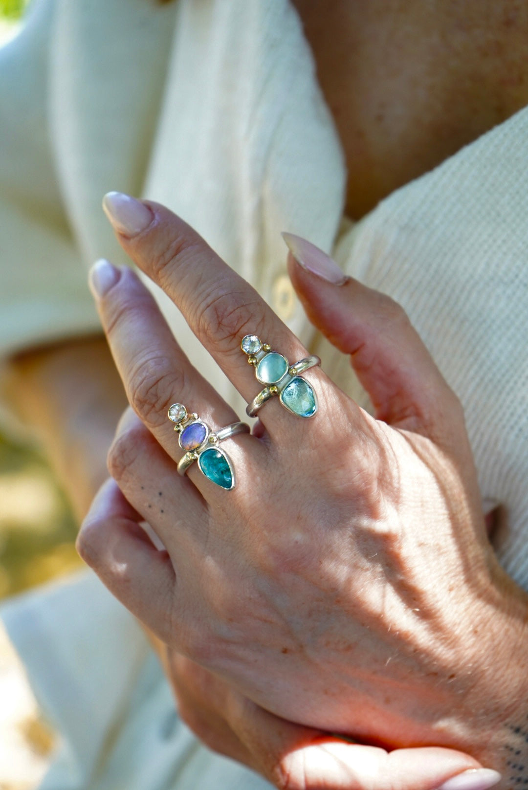Moonstone + Australian Opal + Kyanite Ring - Size 6.5