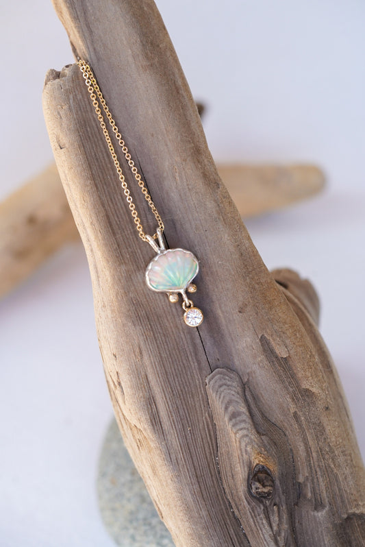 Ethiopian Opal + Sapphire Shell Necklace