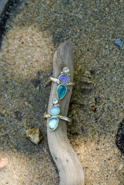Moonstone + Australian Opal + Kyanite Ring - Size 6.5