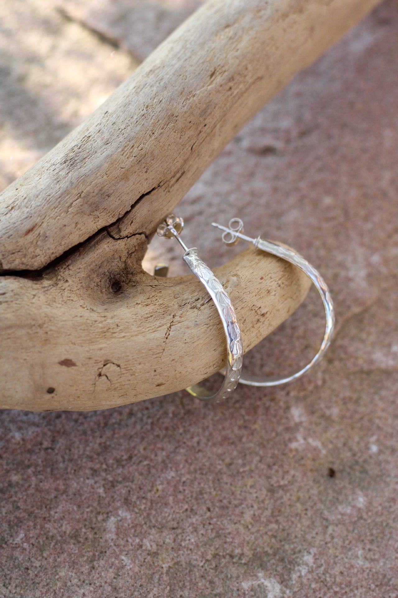 Silver hoop earrings on a piece of driftwood