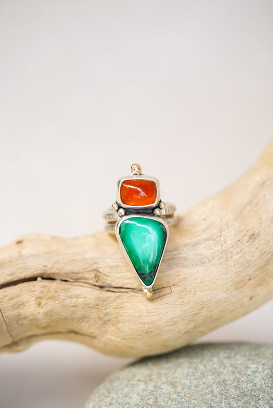 Honeycomb Chalcedony + Emerald Rose Variscite Ring - Size 6