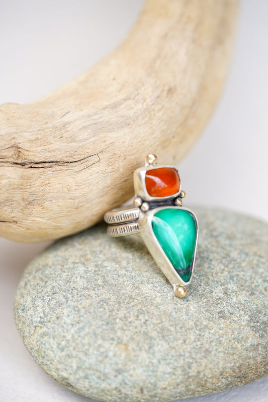 Honeycomb Chalcedony + Emerald Rose Variscite Ring - Size 6