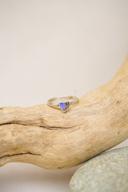 Silver ring with a purple/blue heart-shaped stone on a piece of driftwood.