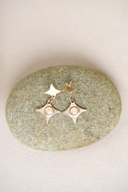 Gold earrings with star designs on a stone