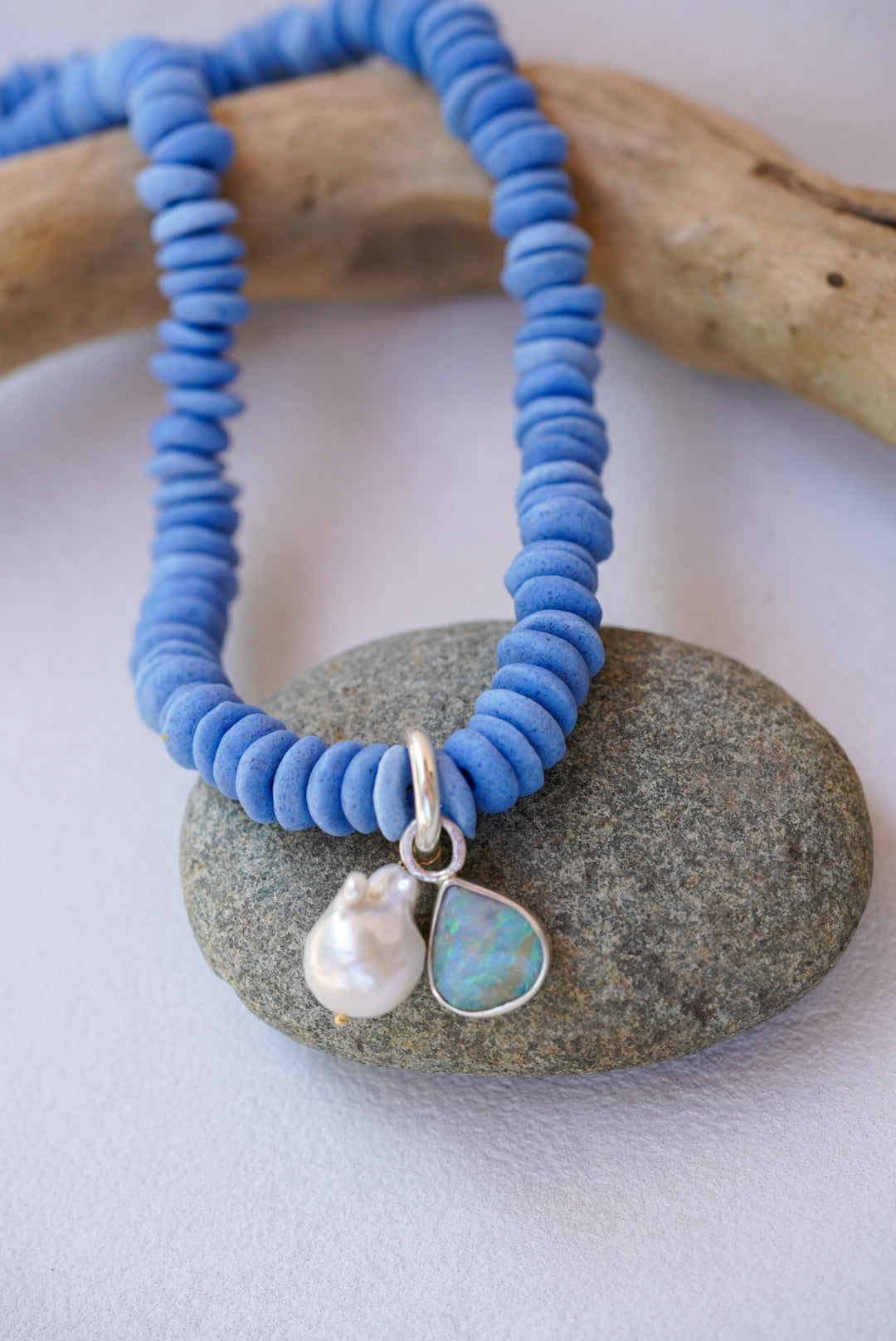 Recycled Glass Beads + Australian Opal + Baroque Pearl Necklace