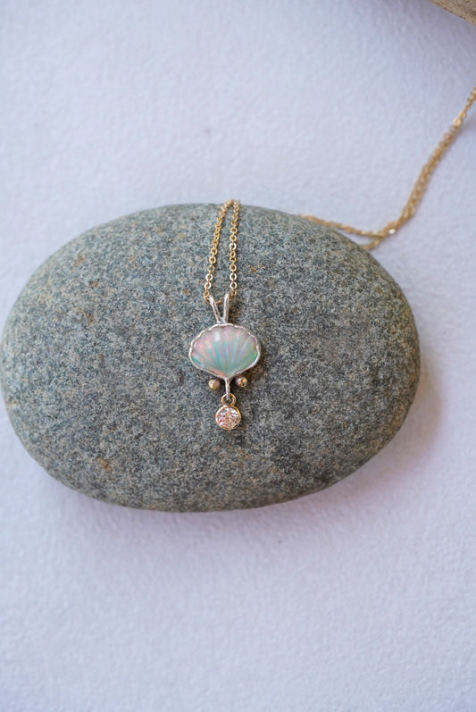 Ethiopian Opal + Sapphire Shell Necklace