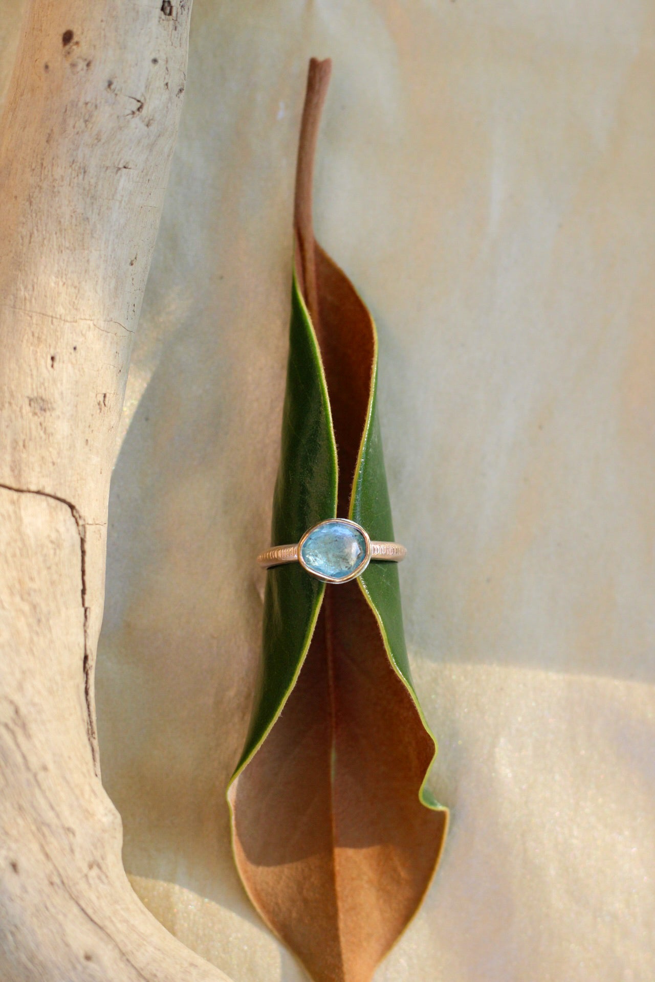 Ring with a aquamarine gemstone on a leaf and stone background