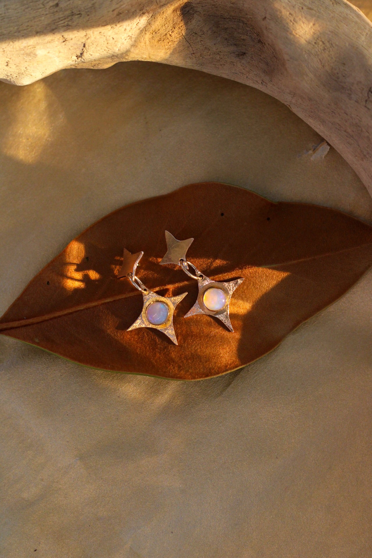 Star-shaped earrings with opals on a brown leaf
