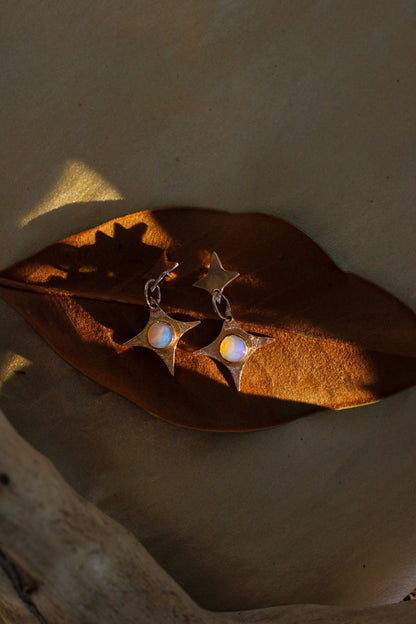 Pair of earrings with opal stones on a leaf