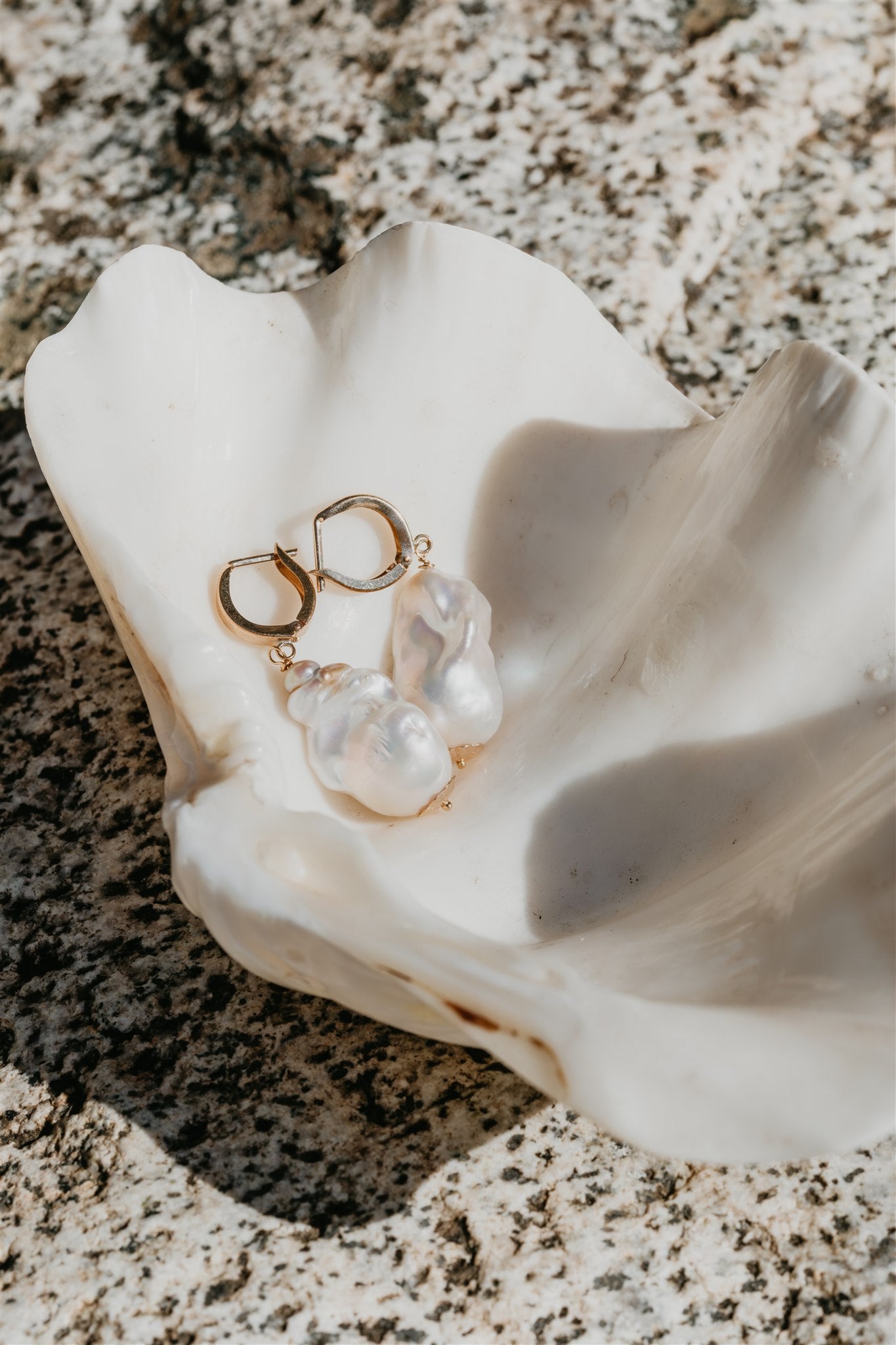 Pearl earrings on a white shell with a textured surface background